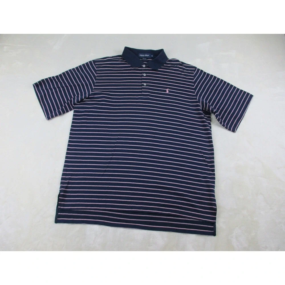 Ralph Lauren‎ Polo Shirt Mens Extra Large Blue Pink Pony Striped Golf Casual*